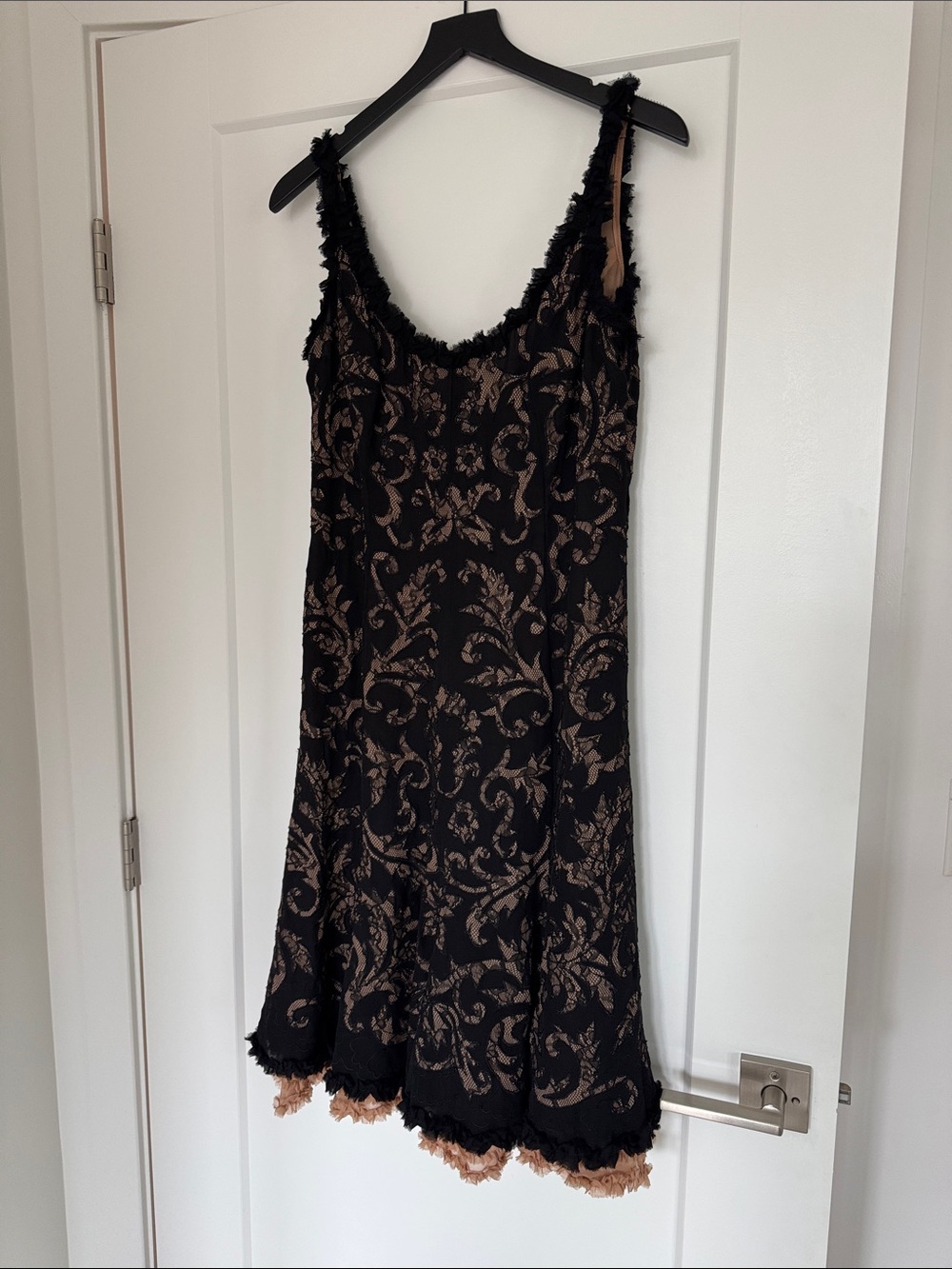 Carmen Marc Valvo Black Slip Dress with Tan Lace Accents